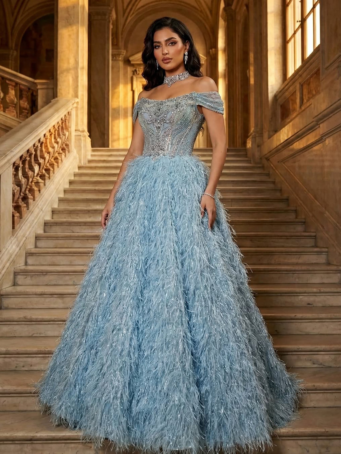 Luxury Blue A Line Feather Ball Gown Beaded Evening Dress LA73511 Blue / 4