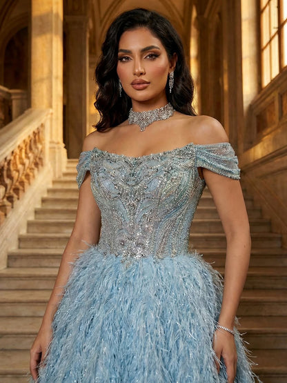 Luxury Blue A Line Feather Ball Gown Beaded Evening Dress LA73511 - SERENE  HILL