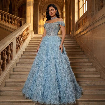 Luxury Blue A Line Feather Ball Gown Beaded Evening Dress LA73511 - SERENE  HILL