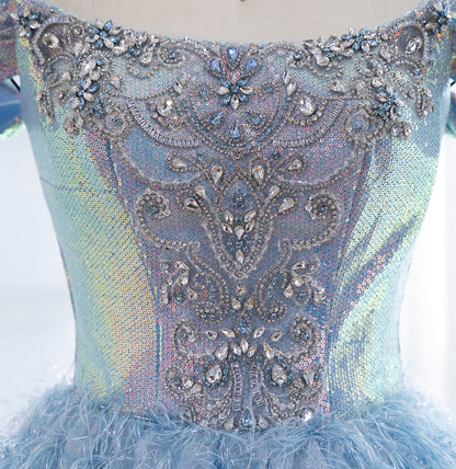 Luxury Blue A Line Feather Ball Gown Beaded Evening Dress LA73511 - SERENE  HILL