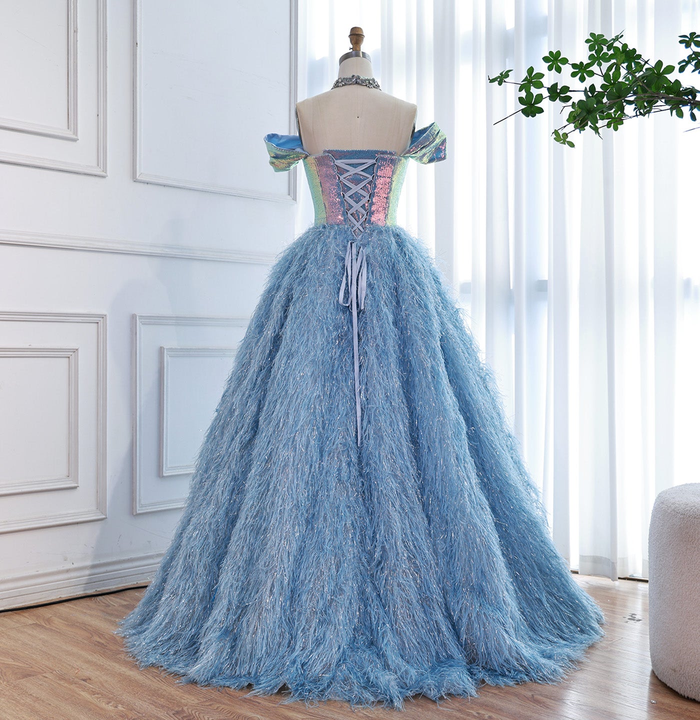 Luxury Blue A Line Feather Ball Gown Beaded Evening Dress LA73511 - SERENE  HILL