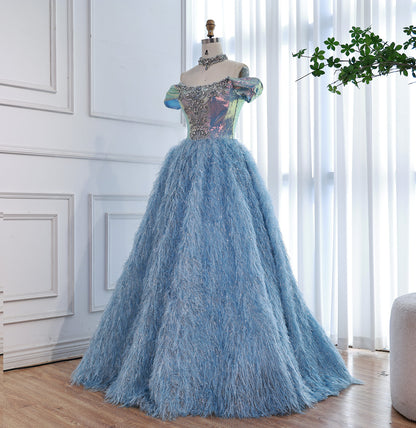 Luxury Blue A Line Feather Ball Gown Beaded Evening Dress LA73511 - SERENE  HILL