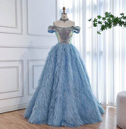 Luxury Blue A Line Feather Ball Gown Beaded Evening Dress LA73511 - SERENE  HILL