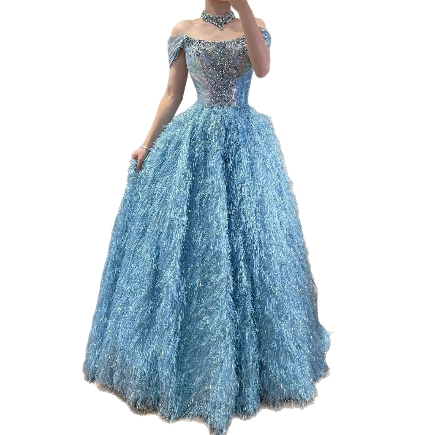Luxury Blue A Line Feather Ball Gown Beaded Evening Dress LA73511 - SERENE  HILL