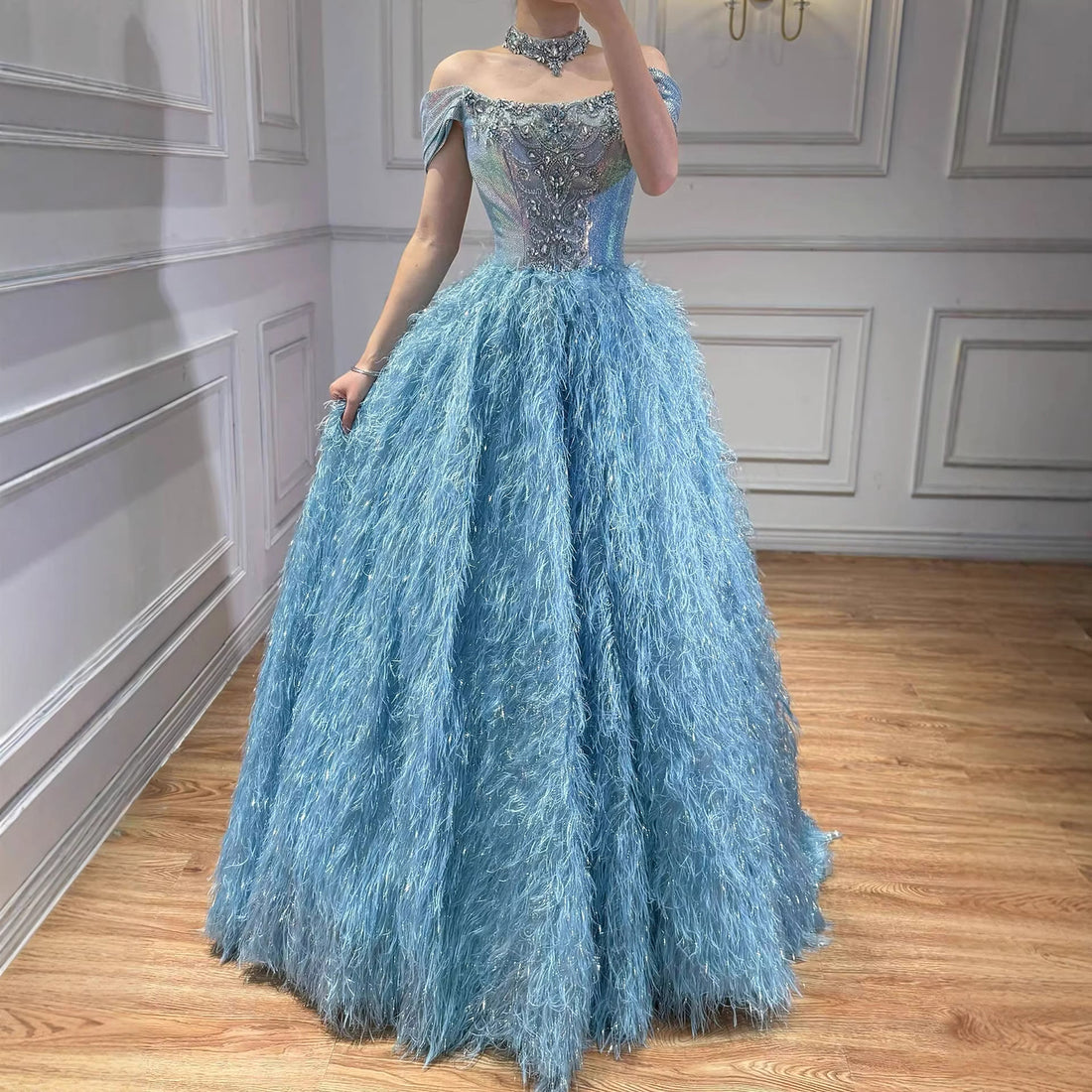 Luxury Blue A Line Feather Ball Gown Beaded Evening Dress LA73511 - SERENE  HILL