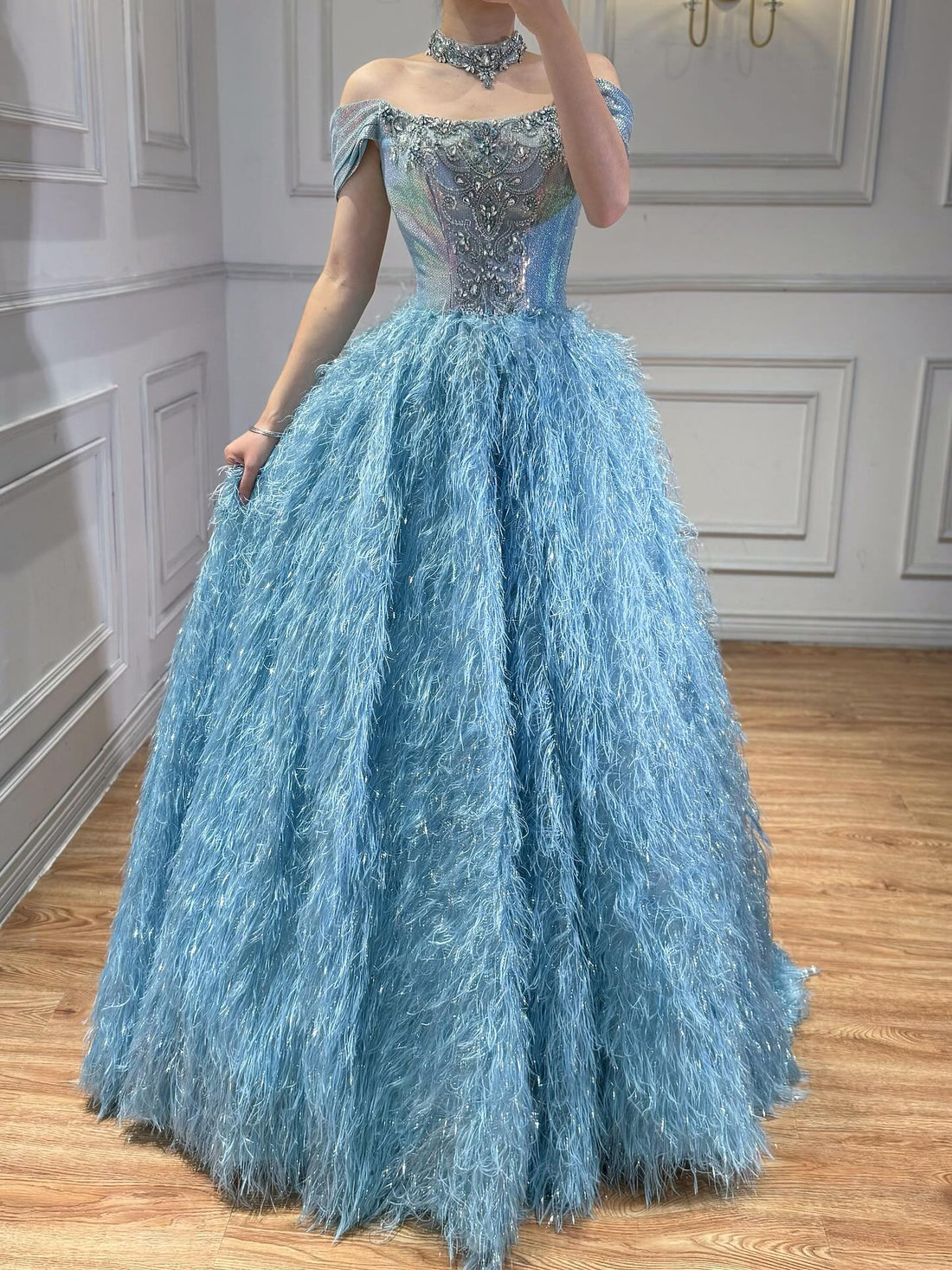 Luxury Blue A Line Feather Ball Gown Beaded Evening Dress LA73511 - SERENE  HILL