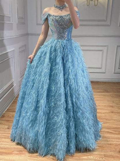 Luxury Blue A Line Feather Ball Gown Beaded Evening Dress LA73511 - SERENE  HILL