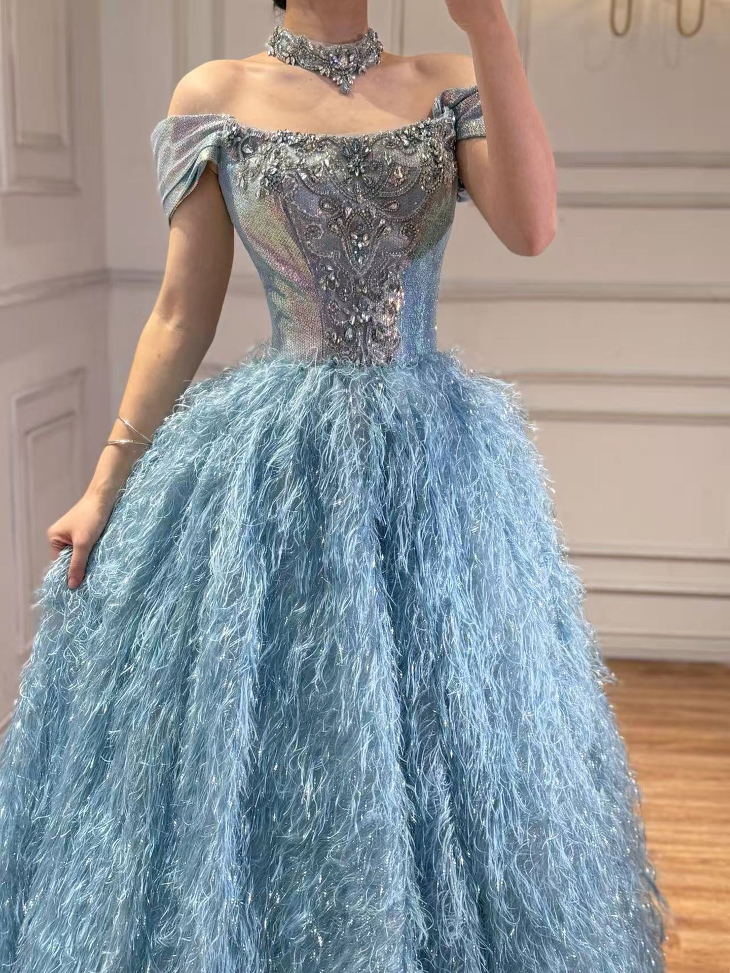 Luxury Blue A Line Feather Ball Gown Beaded Evening Dress LA73511