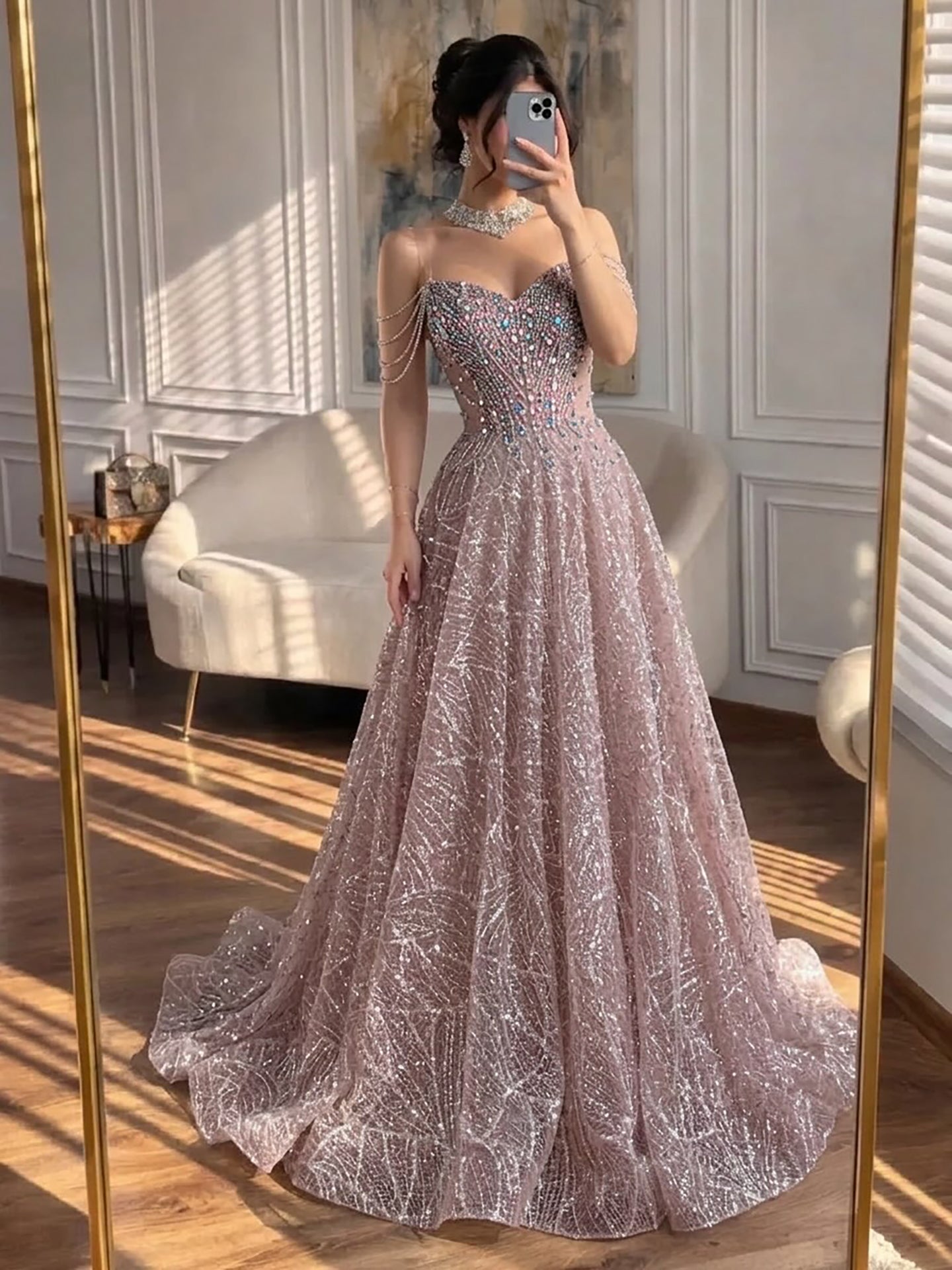 Luxury Pink Off Shoulder Sparkly Beaded Ball Gown Evening Dress LA73513