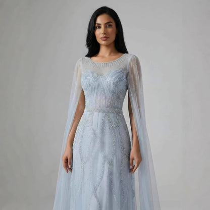 Luxury Black A-Line Beaded Arabic Evening Dress with Cape Sleeves LA73517