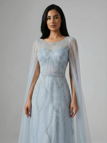 Luxury Black A-Line Beaded Arabic Evening Dress with Cape Sleeves LA73517