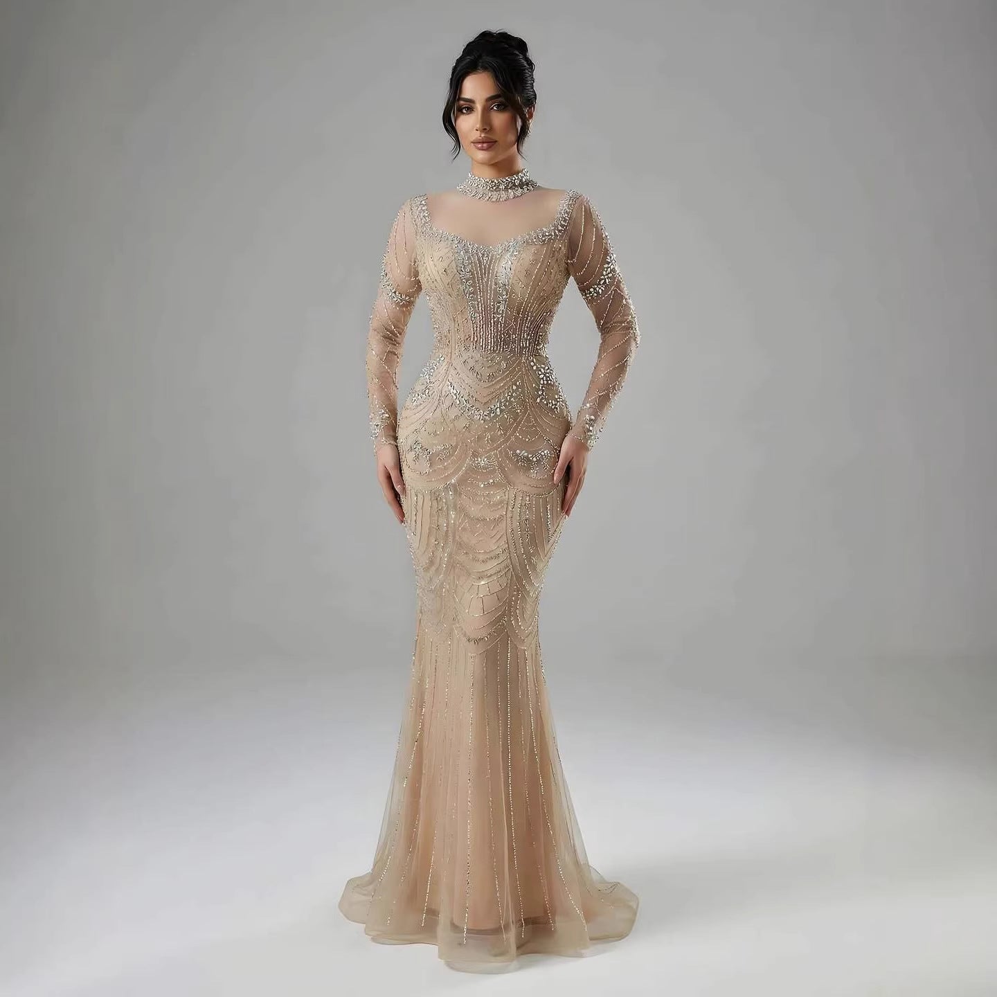 Luxury Nude Modest High Neck Long Sleeves Beaded Mermaid Evening Dress LA73519
