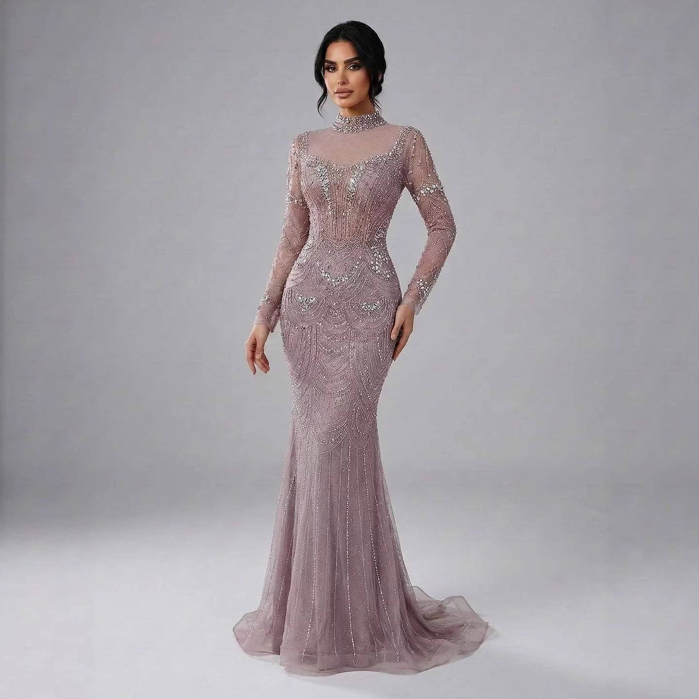 Luxury Nude Modest High Neck Long Sleeves Beaded Mermaid Evening Dress LA73519