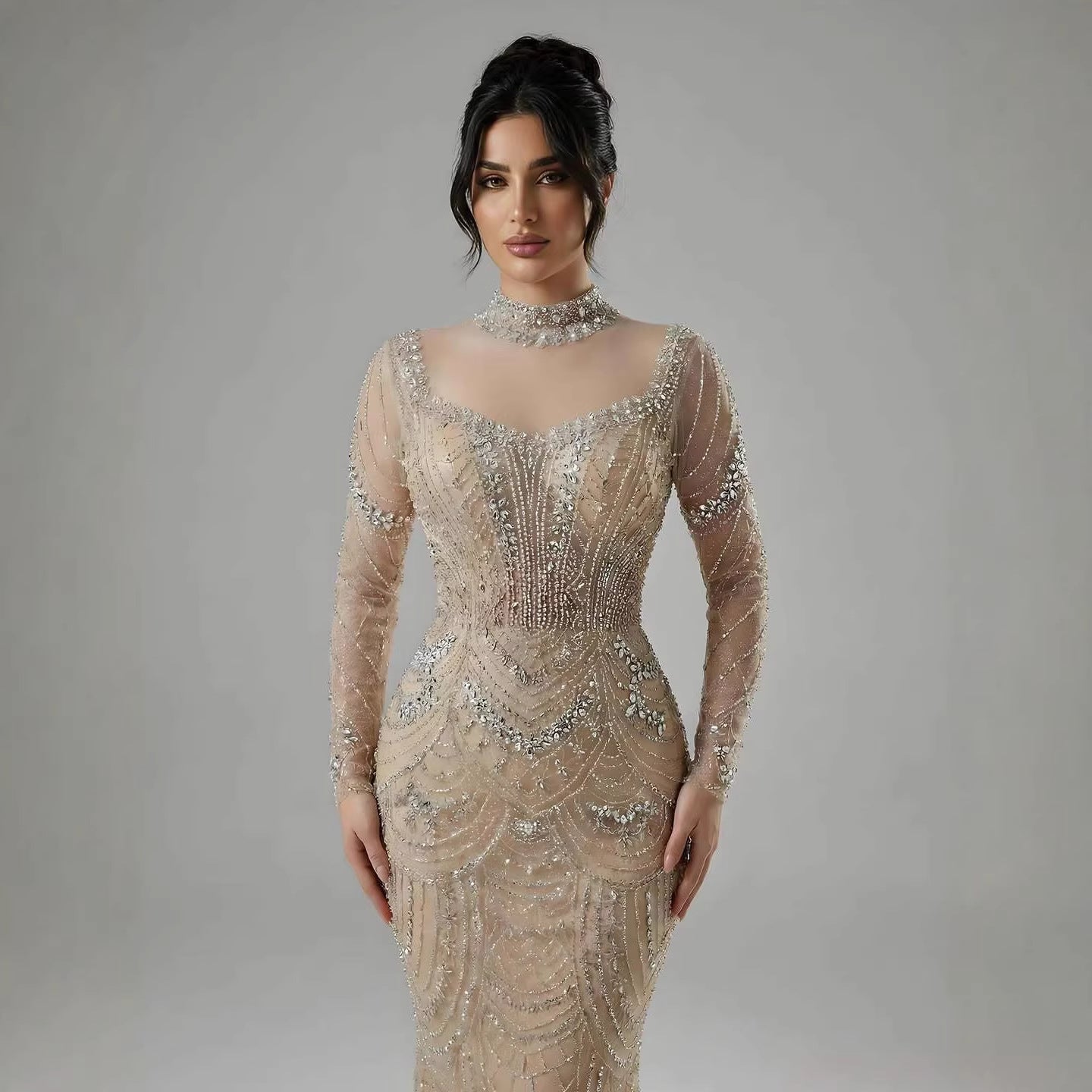 Luxury Nude Modest High Neck Long Sleeves Beaded Mermaid Evening Dress LA73519