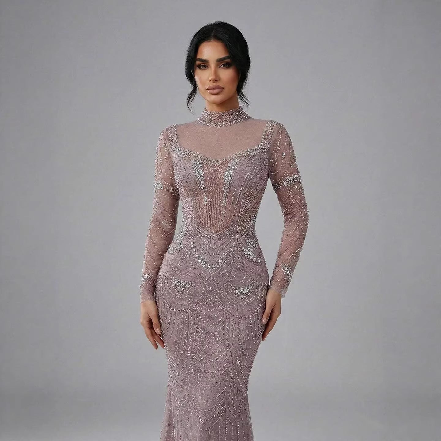 Luxury Nude Modest High Neck Long Sleeves Beaded Mermaid Evening Dress LA73519