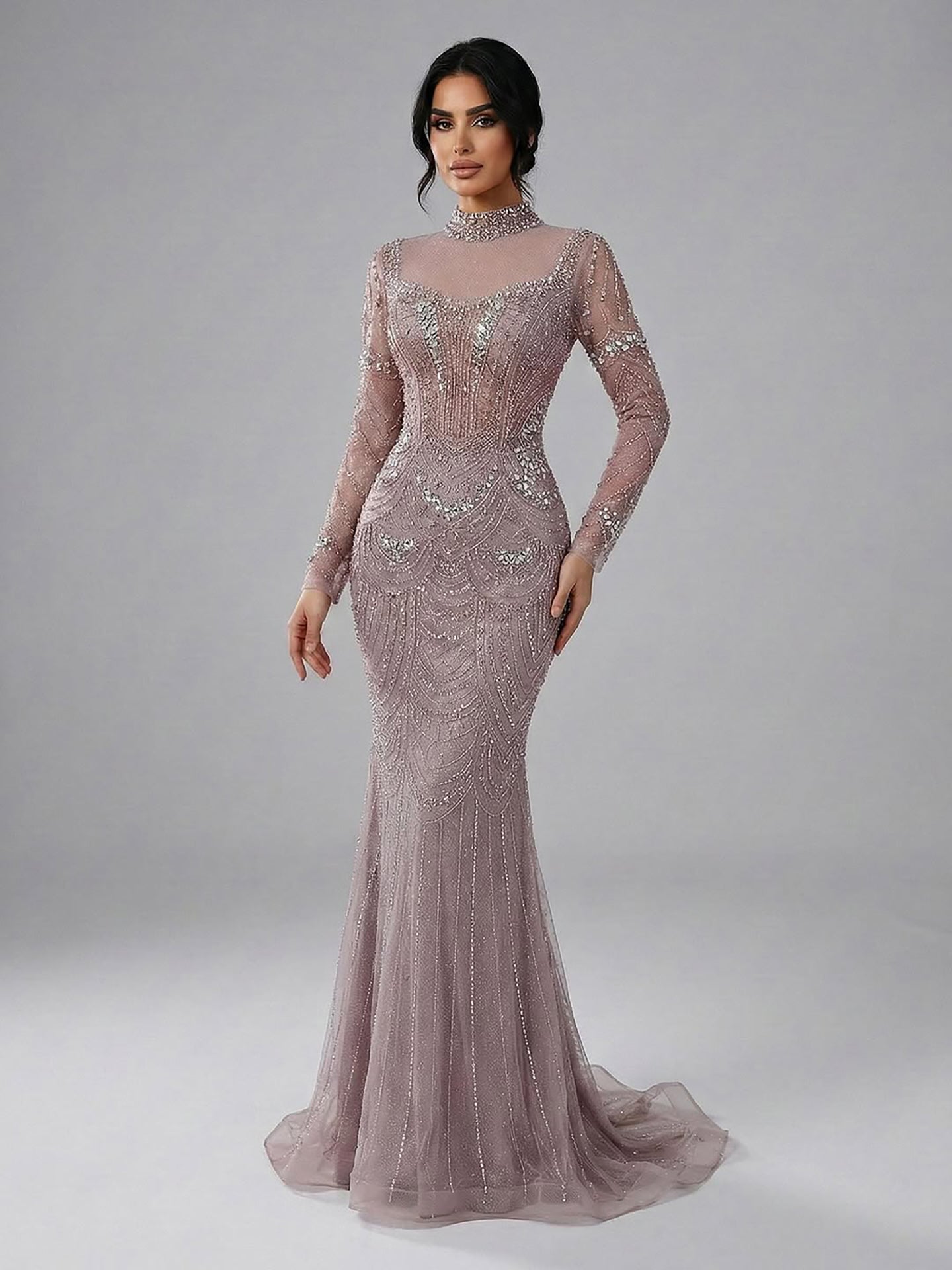 Luxury Nude Modest High Neck Long Sleeves Beaded Mermaid Evening Dress LA73519