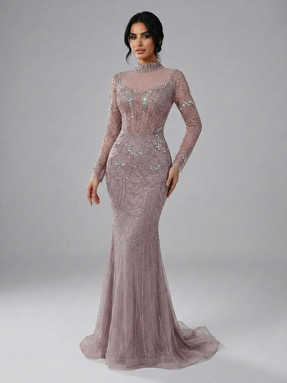 Luxury Nude Modest High Neck Long Sleeves Beaded Mermaid Evening Dress LA73519