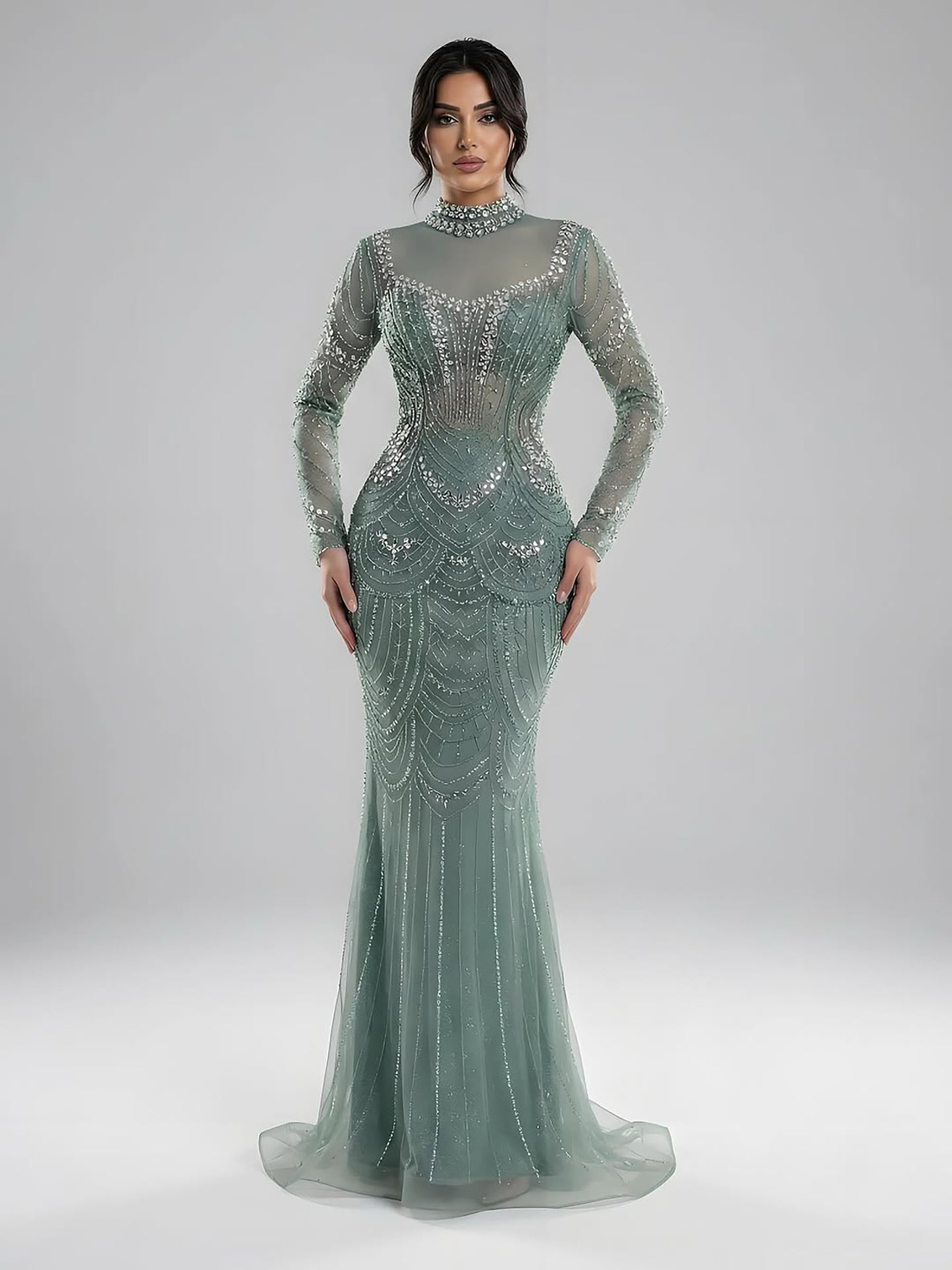 Luxury Nude Modest High Neck Long Sleeves Beaded Mermaid Evening Dress LA73519