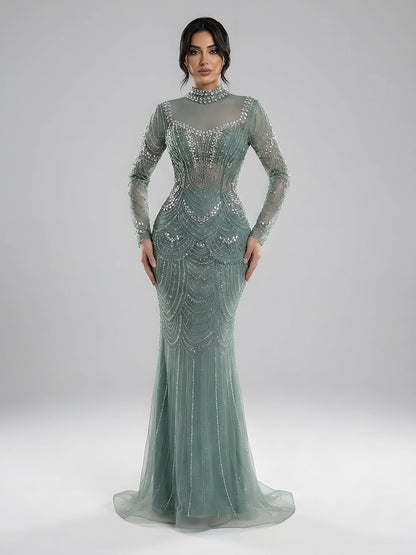 Luxury Nude Modest High Neck Long Sleeves Beaded Mermaid Evening Dress LA73519