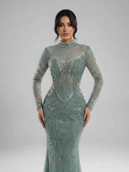 Luxury Nude Modest High Neck Long Sleeves Beaded Mermaid Evening Dress LA73519