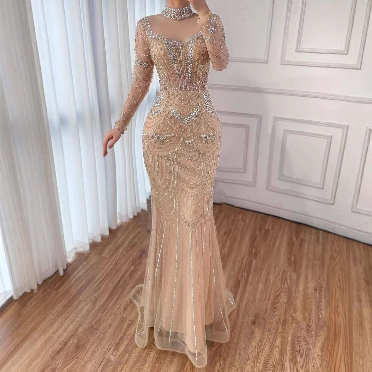 Luxury Nude Modest High Neck Long Sleeves Beaded Mermaid Evening Dress  LA73519