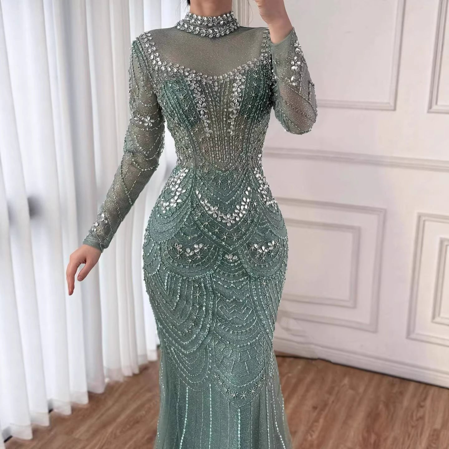 Luxury Nude Modest High Neck Long Sleeves Beaded Mermaid Evening Dress LA73519