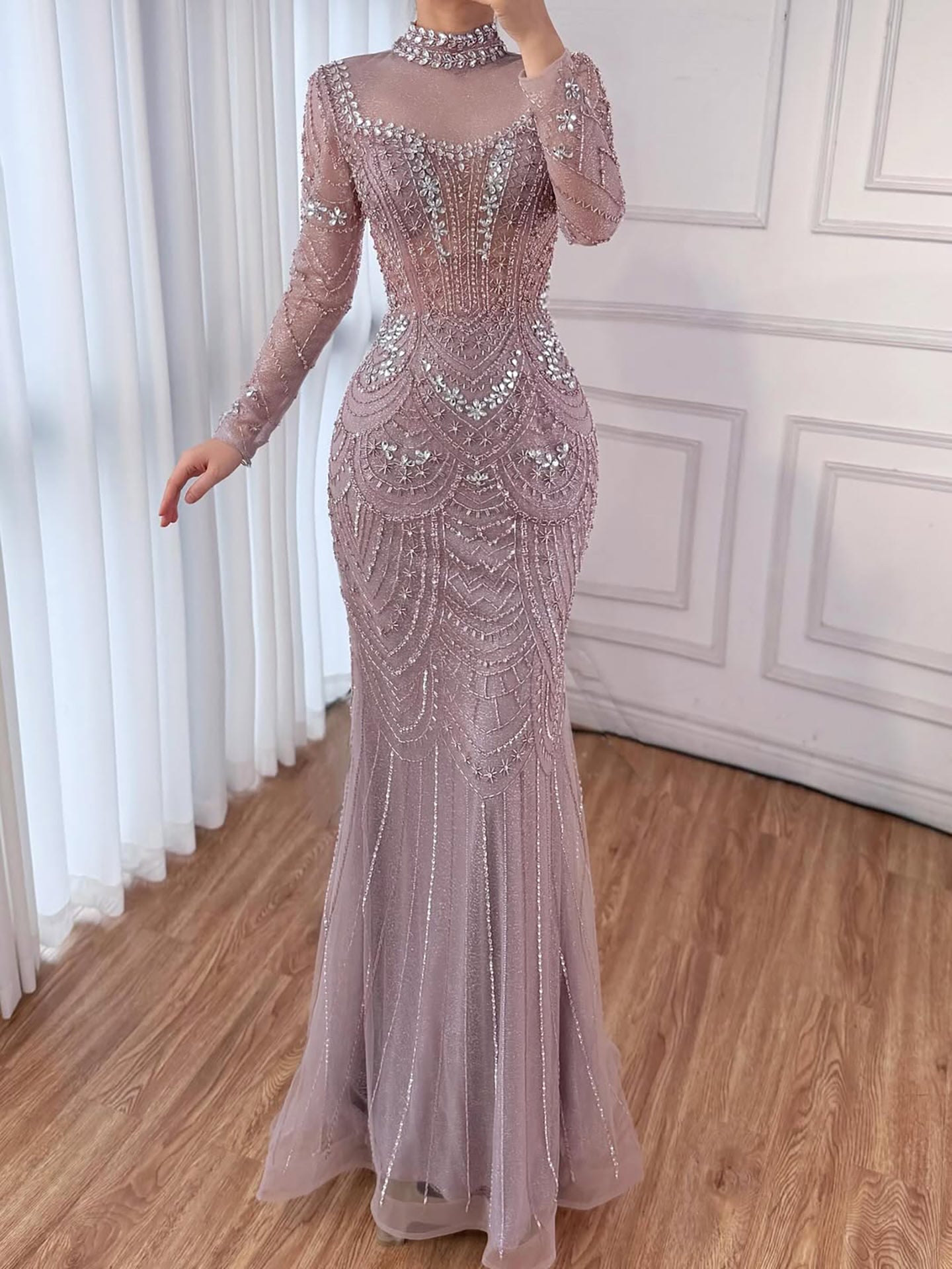 Luxury Nude Modest High Neck Long Sleeves Beaded Mermaid Evening Dress LA73519