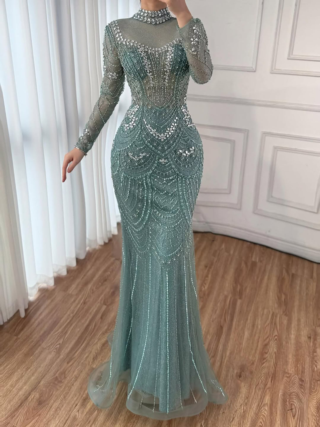 Luxury Nude Modest High Neck Long Sleeves Beaded Mermaid Evening Dress LA73519