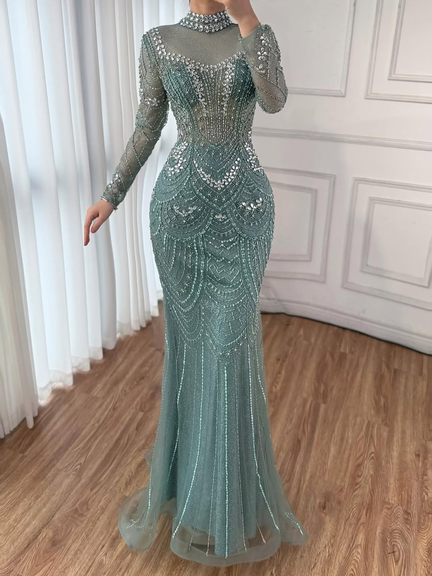 Luxury Nude Modest High Neck Long Sleeves Beaded Mermaid Evening Dress LA73519