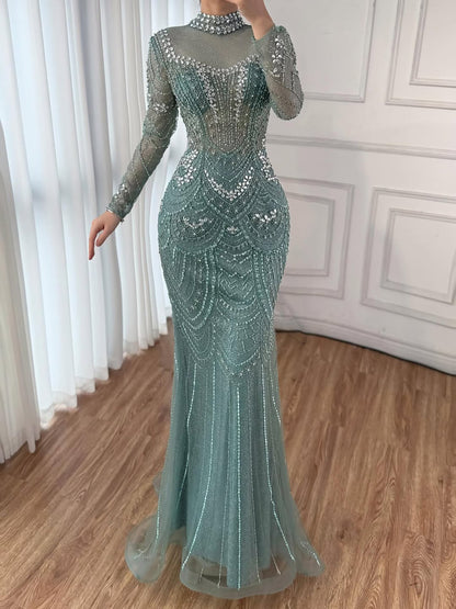 Luxury Nude Modest High Neck Long Sleeves Beaded Mermaid Evening Dress LA73519