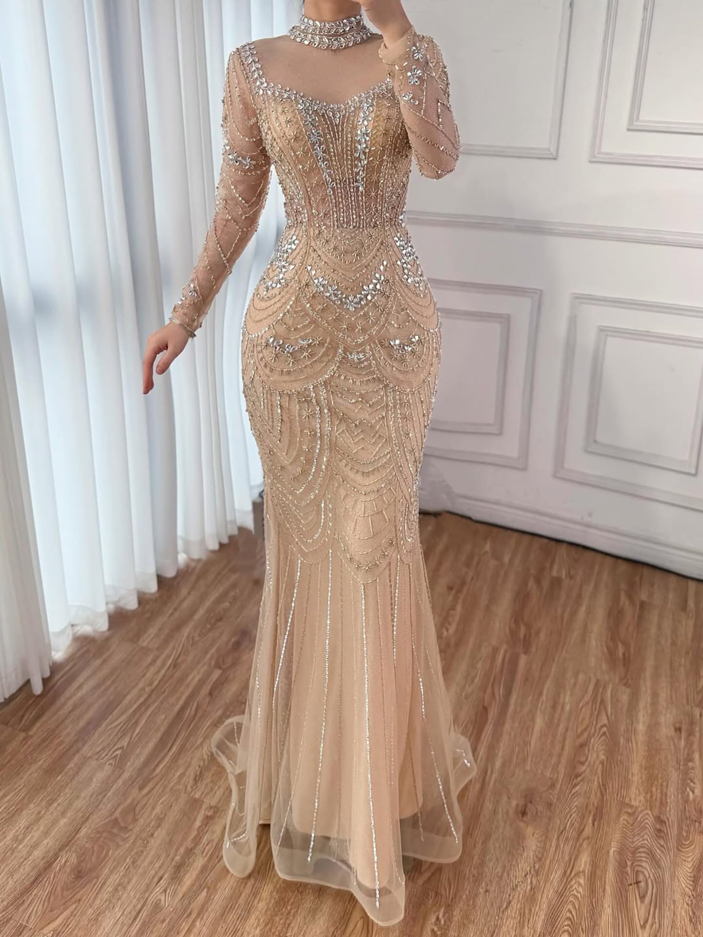 Luxury Nude Modest High Neck Long Sleeves Beaded Mermaid Evening Dress LA73519
