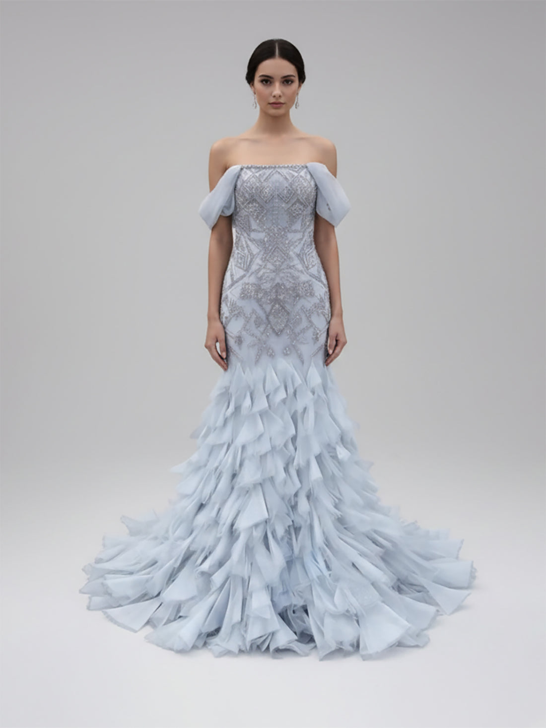Luxury Dusty Blue Off The Shoulder Beaded Mermaid Evening Dress LA73521