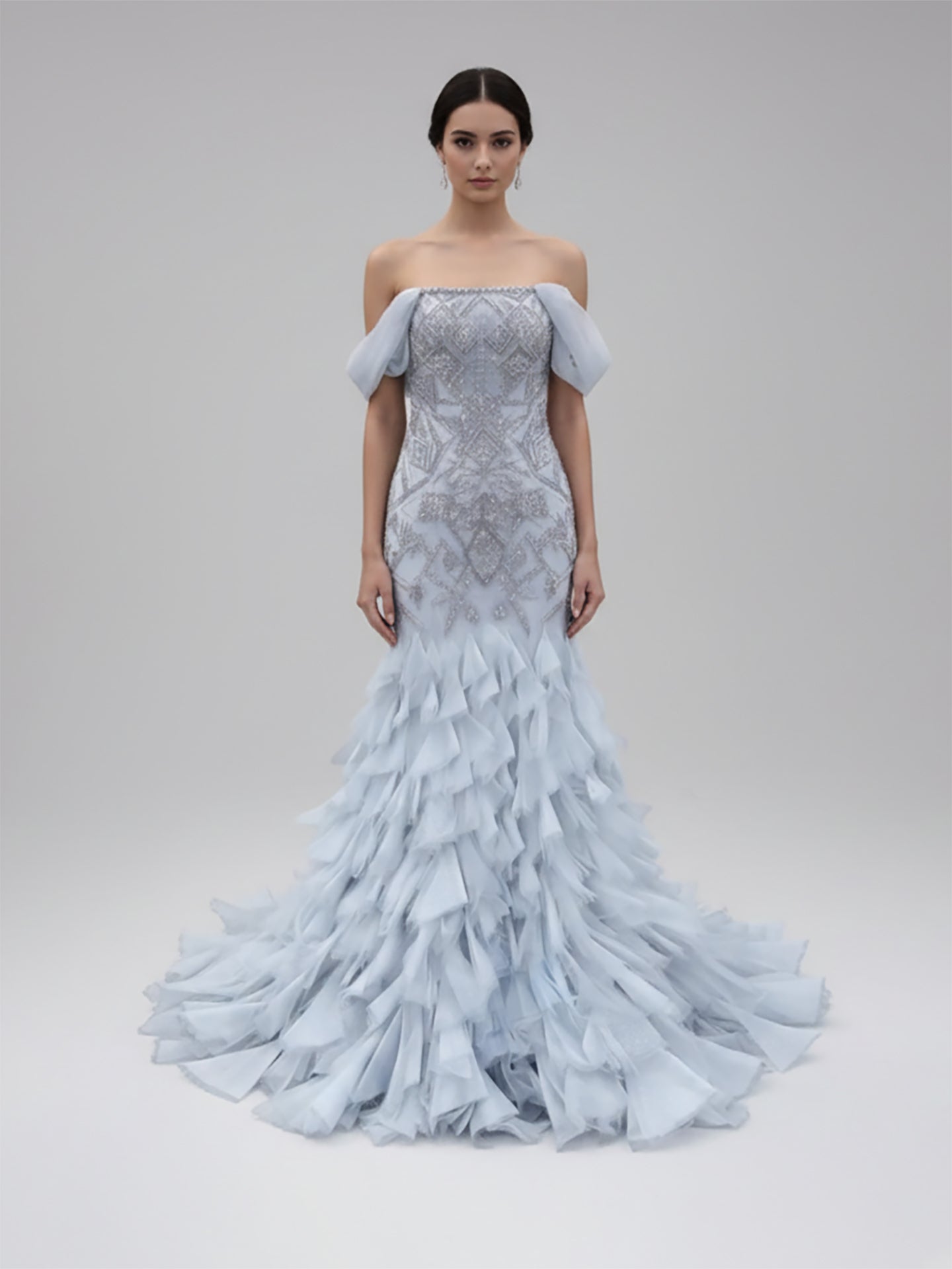 Luxury Dusty Blue Off The Shoulder Beaded Mermaid Evening Dress LA73521