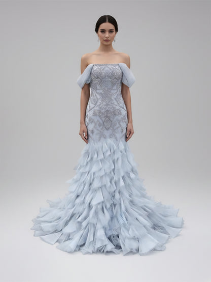 Luxury Dusty Blue Off The Shoulder Beaded Mermaid Evening Dress LA73521