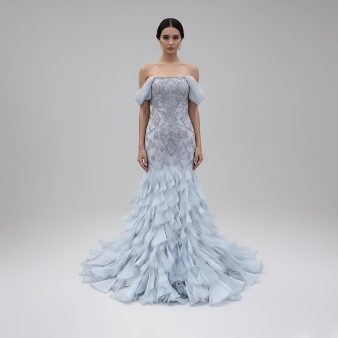 Luxury Dusty Blue Off The Shoulder Beaded Mermaid Evening Dress LA73521