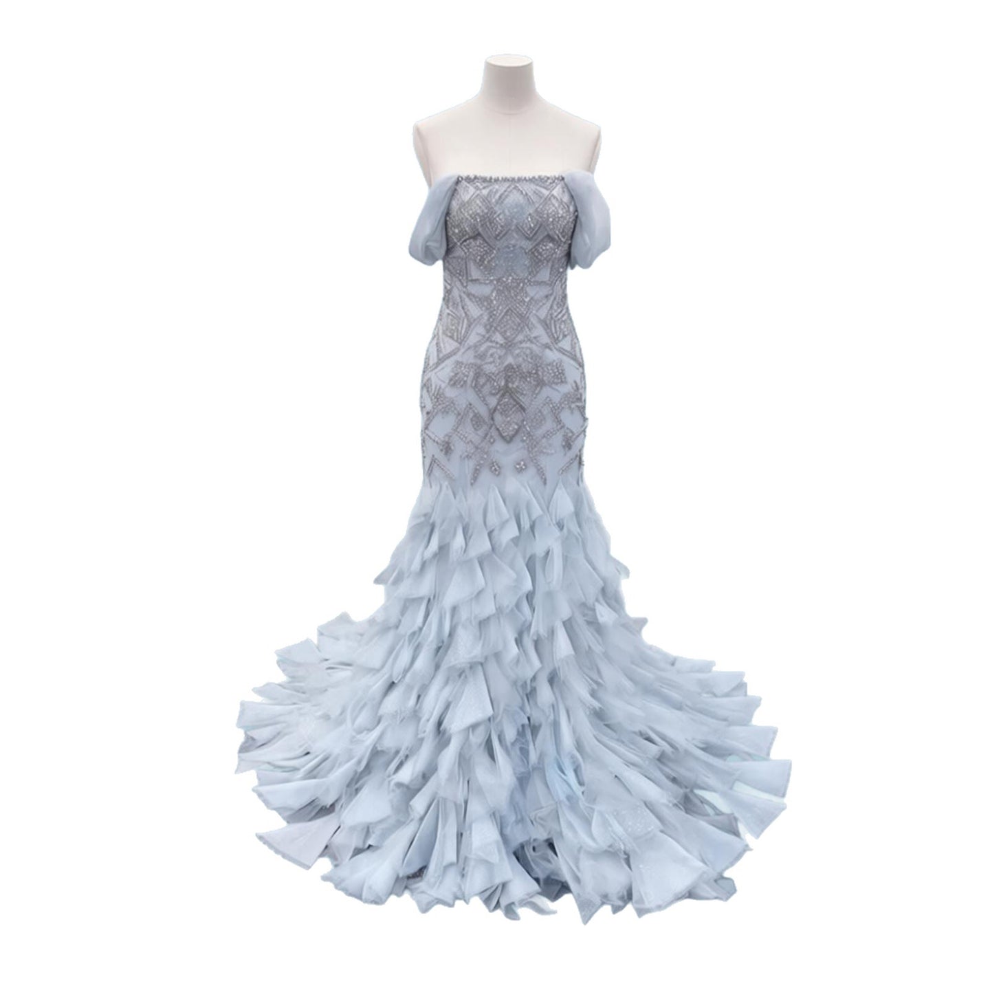 Luxury Dusty Blue Off The Shoulder Beaded Mermaid Evening Dress LA73521