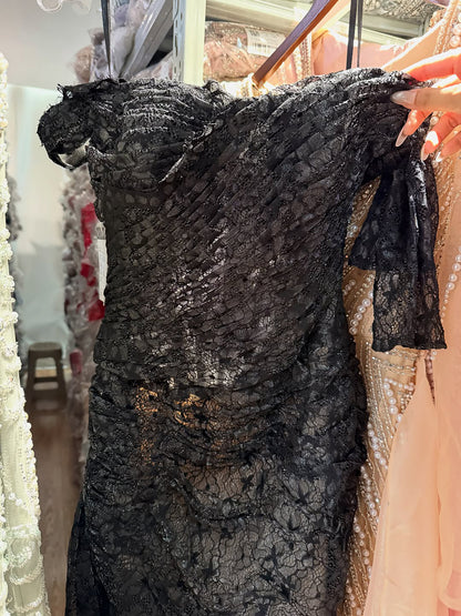 Luxury Black Long Sleeve Illusion Cut Out Lace Mermaid Evening Dress LA73522