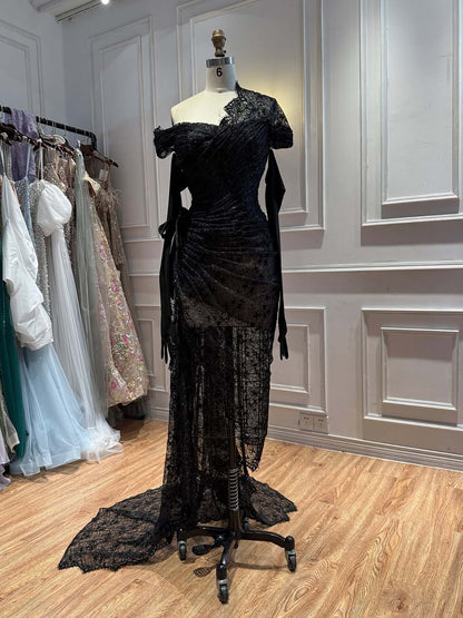 Luxury Black Long Sleeve Illusion Cut Out Lace Mermaid Evening Dress LA73522