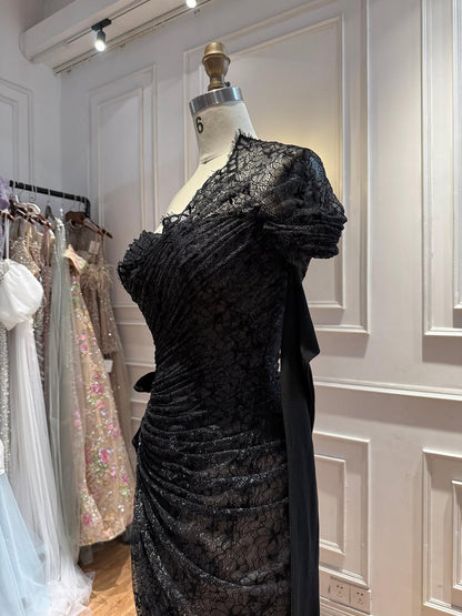 Luxury Black Long Sleeve Illusion Cut Out Lace Mermaid Evening Dress LA73522