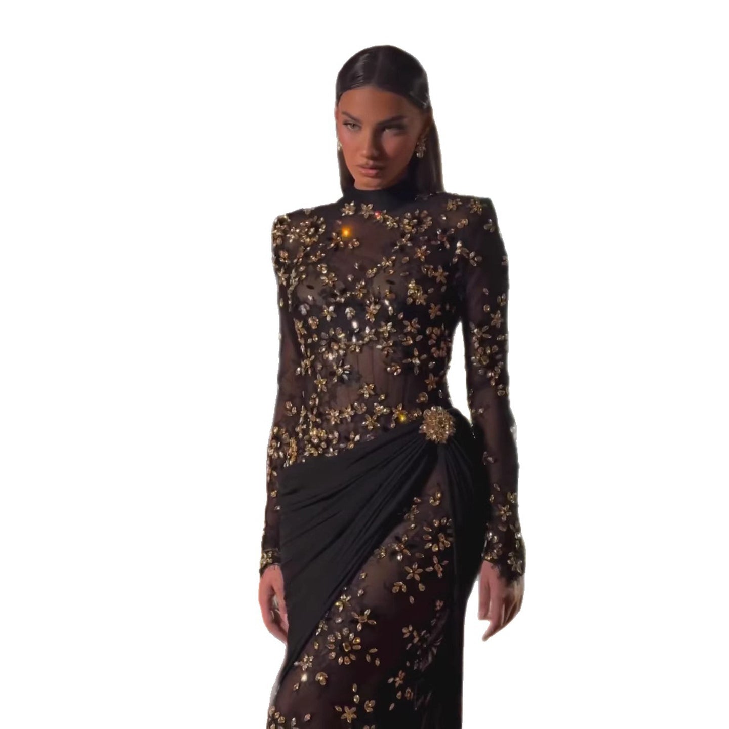 Luxury Arabic Black Modest Long Sleeves Beaded Evening Dress With Chiffon Skirt LA73524 - SERENE  HILL