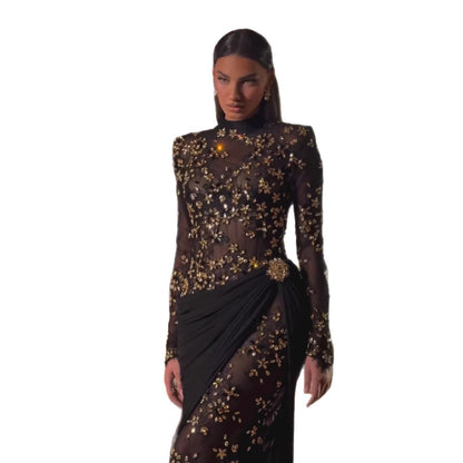 Luxury Arabic Black Modest Long Sleeves Beaded Evening Dress With Chiffon Skirt LA73524 - SERENE  HILL