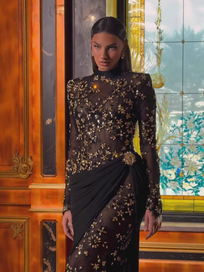 Luxury Arabic Black Modest Long Sleeves Beaded Evening Dress With Chiffon Skirt LA73524 - SERENE  HILL