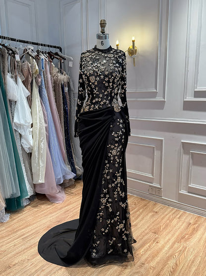 Luxury Arabic Black Modest Long Sleeves Beaded Evening Dress With Chiffon Skirt LA73524 SERENE HILL