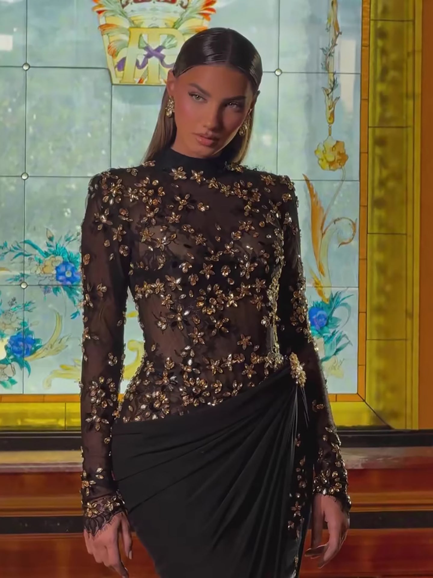 Luxury Arabic Black Modest Long Sleeves Beaded Evening Dress With Chiffon Skirt LA73524 - SERENE  HILL