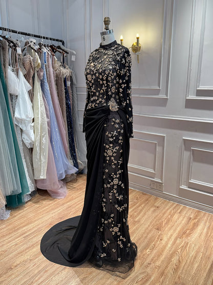 Luxury Arabic Black Modest Long Sleeves Beaded Evening Dress With Chiffon Skirt LA73524 SERENE HILL