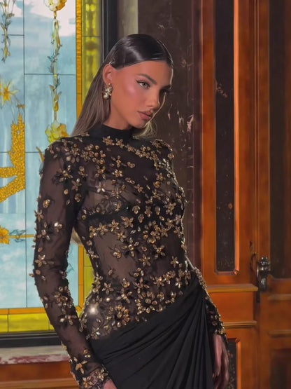Luxury Arabic Black Modest Long Sleeves Beaded Evening Dress With Chiffon Skirt LA73524 - SERENE  HILL