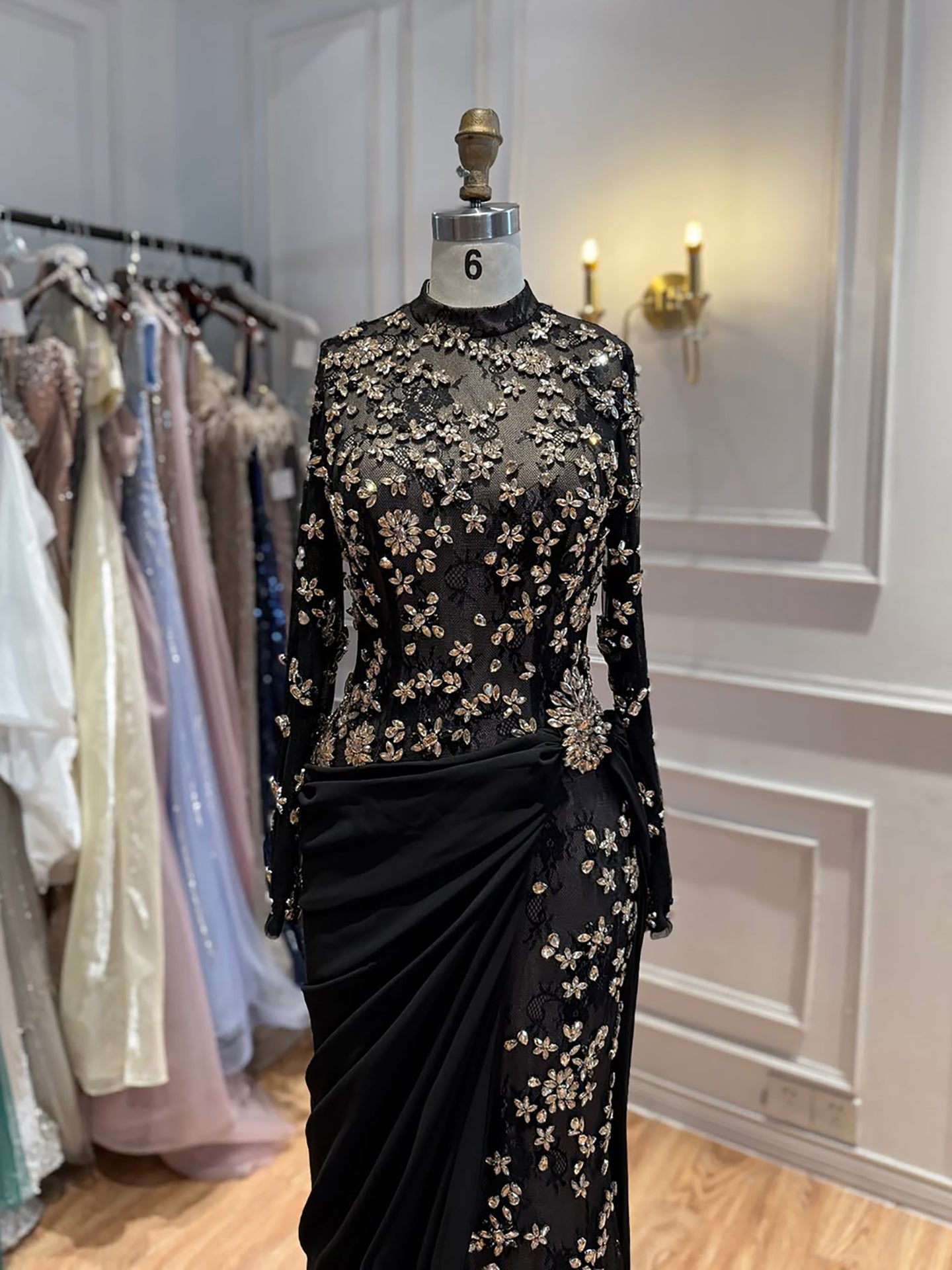 Luxury Arabic Black Modest Long Sleeves Beaded Evening Dress With Chiffon Skirt LA73524 SERENE HILL