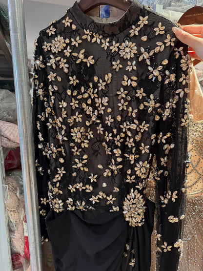 Luxury Arabic Black Modest Long Sleeves Beaded Evening Dress With Chiffon Skirt LA73524 SERENE HILL
