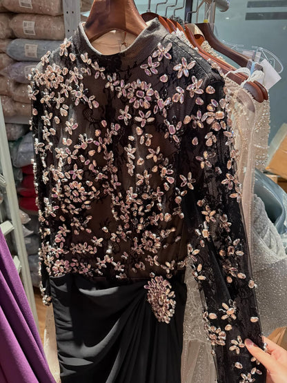 Luxury Arabic Black Modest Long Sleeves Beaded Evening Dress With Chiffon Skirt LA73524