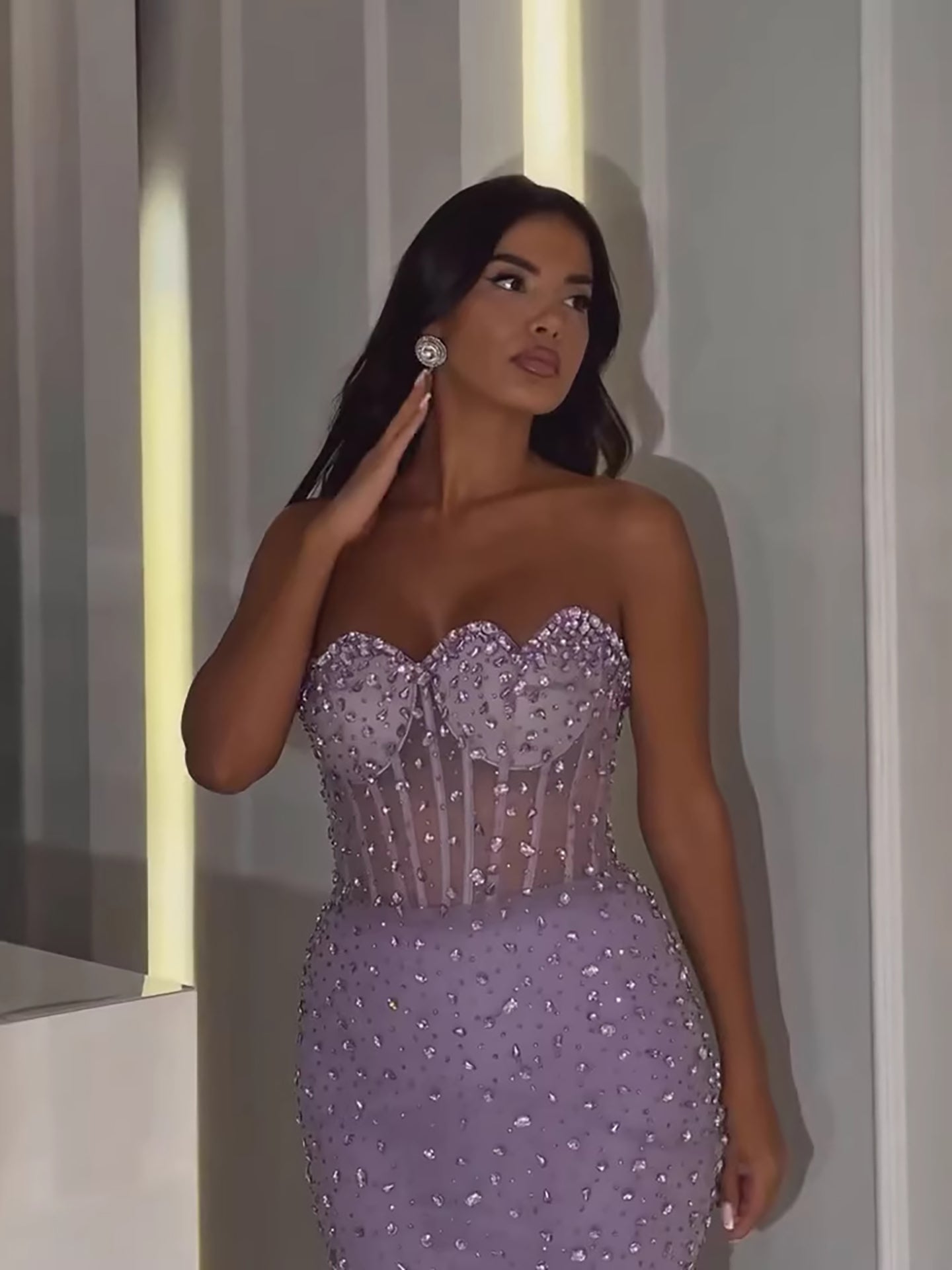 Luxury Purple Strapless Corset Beaded Evening Dress With Scarf LA73525 Purple / 10